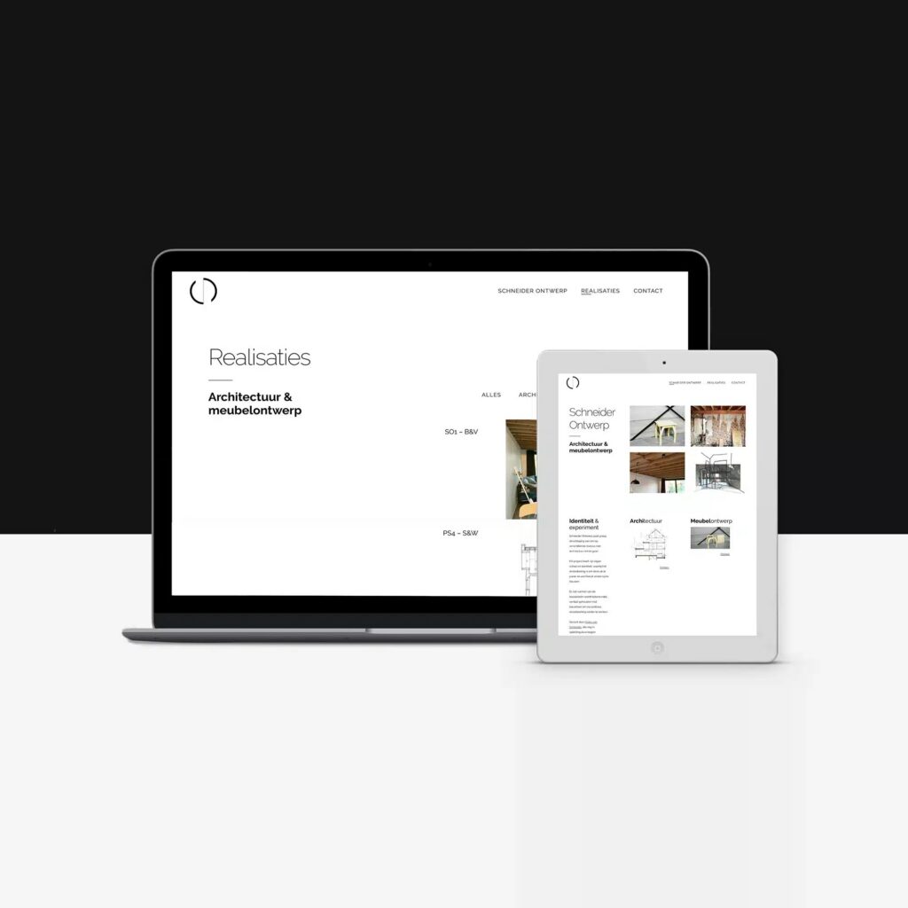 Schneider Ontwerp website mockup op laptop en tablet – minimalistisch webdesign met architectuur- en meubelontwerpprojecten