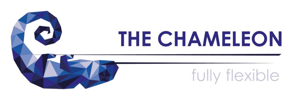 Balliu: The Chameleon logo: Een geometrisch, blauw gekleurde kameleon, met de tekst "The Chameleon, fully flexible" ernaast.