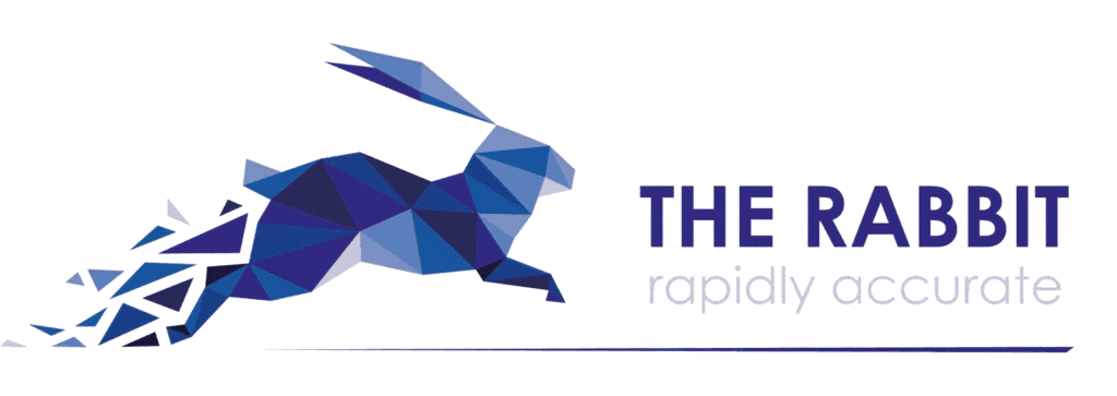 Logo The Rabbit Balliu: Een geometrisch, blauw konijn in sprong, met fragmenten die achter het konijn uitwaaien. De tekst naast het logo luidt: "The Rabbit, rapidly accurate."