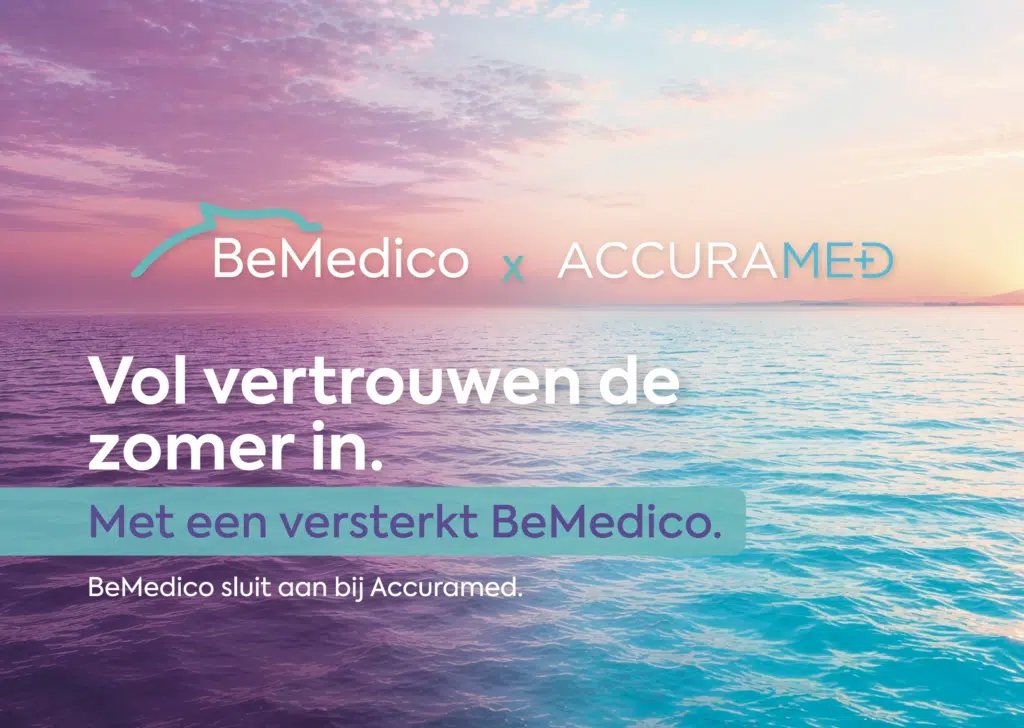 BeMedico x Accuramed campagnebeeld: 'Vol vertrouwen de zomer in. Met een versterkt BeMedico.' tegen een pastelkleurige zonson