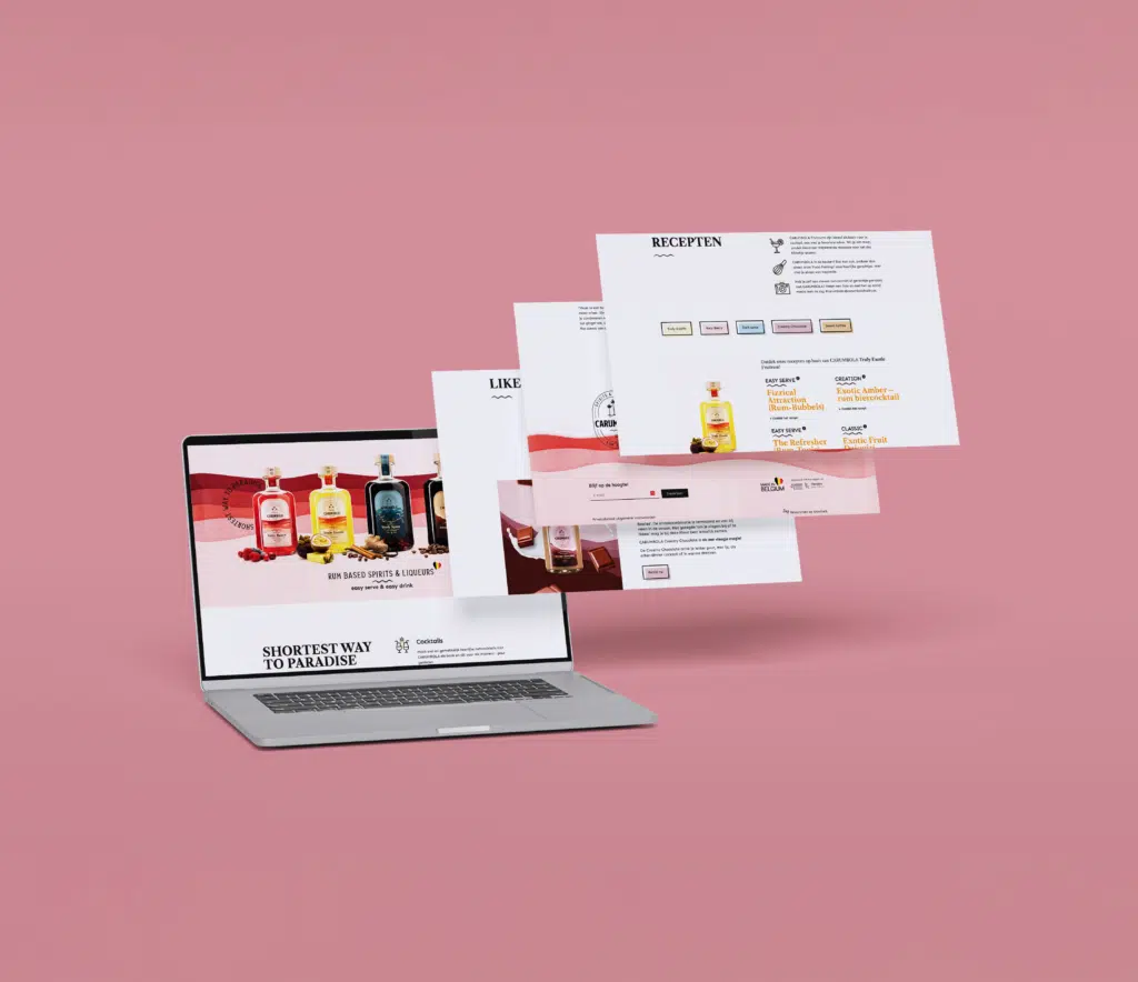 Laptop met de Carumbola website 'Shortest Way to Paradise' en rum-gebaseerde spirits, omgeven door zwevende webpagina's met r