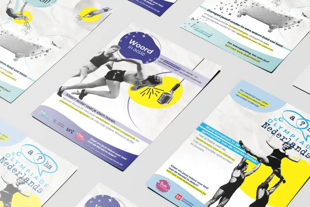 Campagneposters voor Duik in Taal, Woord in Actie en Olympiade Nederlands – grafisch ontwerp door Graviteit voor Het Vlaams T