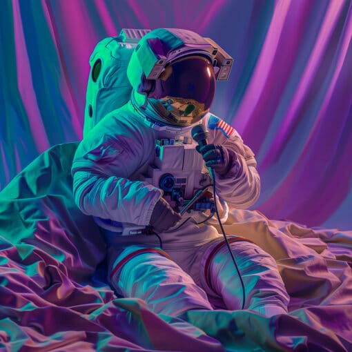 Een astronaut leest een voice-over onder een groot deken om de akoestiek te verbeteren.
