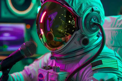 Een astronaut die voice-over tekst aan het voorlezen is vanop een blaadje