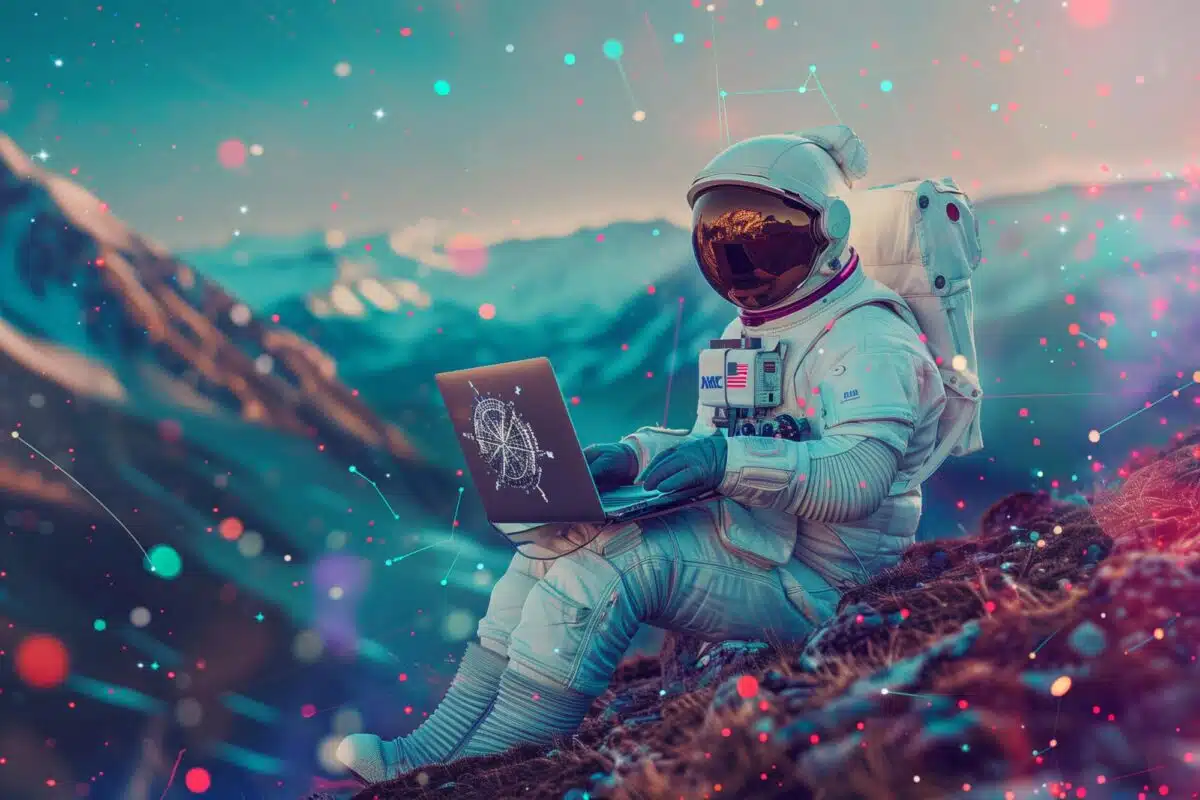 Een futuristische illustratie van een astronaut die in een bergachtig landschap zit en op een laptop werkt. De achtergrond toont een schilderachtig uitzicht met zwevende digitale datavisualisaties, symbool voor UTM-tags die websiteverkeer traceren.