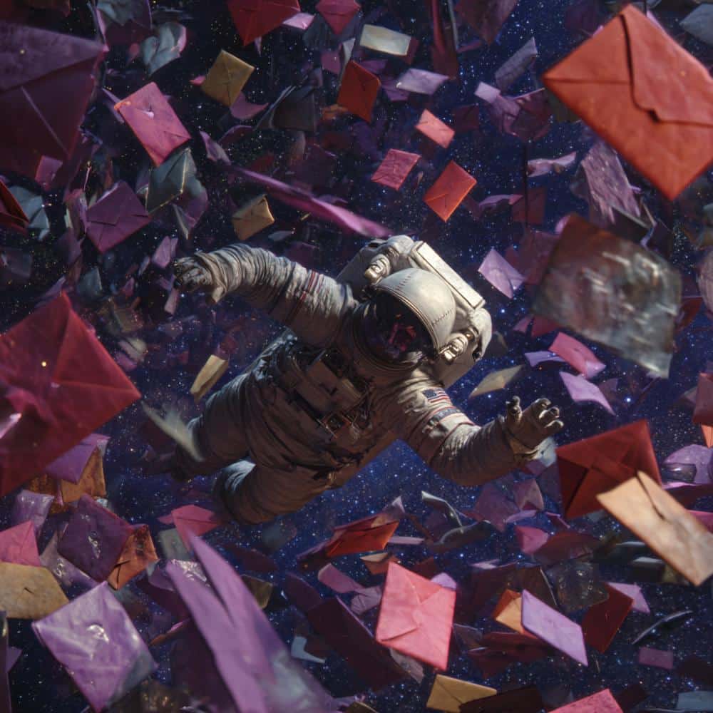 Een astronaut zweeft tussen honderden enveloppen die nieuwsbrieven voorstellen, die allemaal goed zullen terechtkomen dankzij de expertise van Graviteit