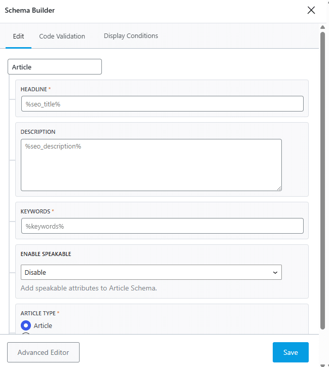 Schema templates instellen in Rank Math Schema Builder
