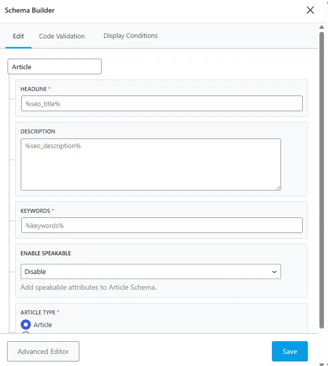 Schema templates instellen in Rank Math Schema Builder