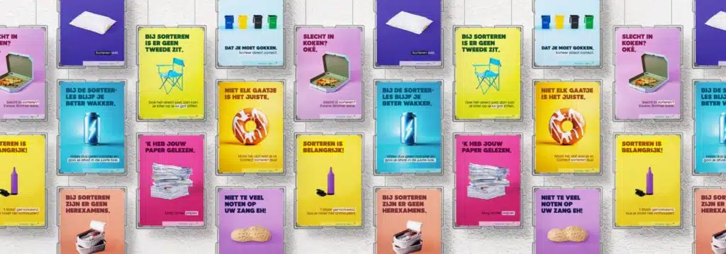 Kleurrijke campagneposters van "Sorteren kan je leren" met prikkelende slogans voor jongeren over correct afval sorteren