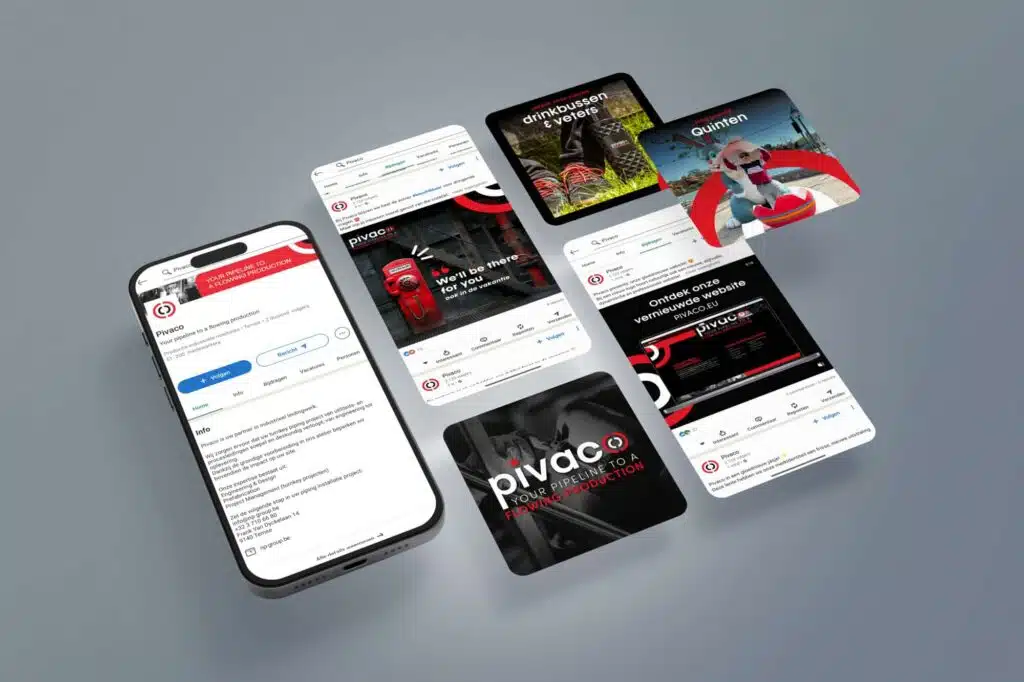 Een afbeelding van een mock up met een telefoon en verschillende schermen van LinkedIn posts van Pivaco, met de contactpagina van Pivaco berichten en advertenties voor hun industriële pijpleidingsdiensten en producten.