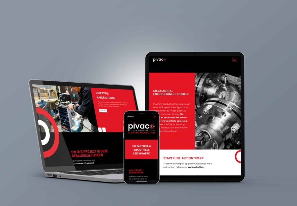 Een mock-upvan een laptop, iPad en iPhone met de Pivaco-website geopend, waarin hun expertise in mechanisch ontwerp en productie van roestvrijstalen leidingen wordt getoond.