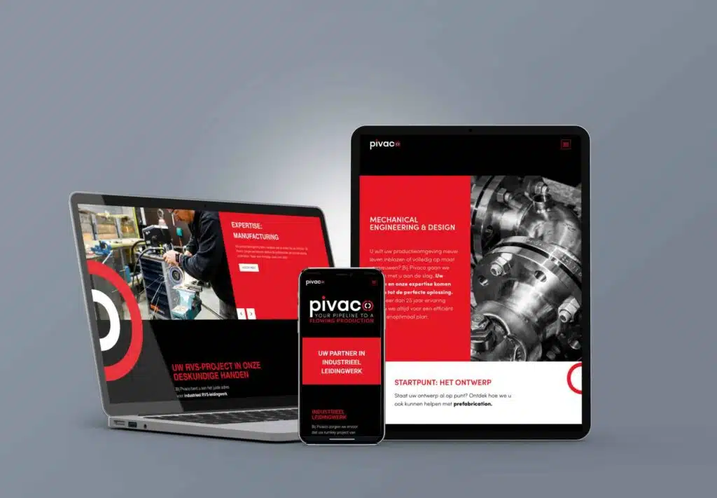 Een mock-upvan een laptop, iPad en iPhone met de Pivaco-website geopend, waarin hun expertise in mechanisch ontwerp en productie van roestvrijstalen leidingen wordt getoond.