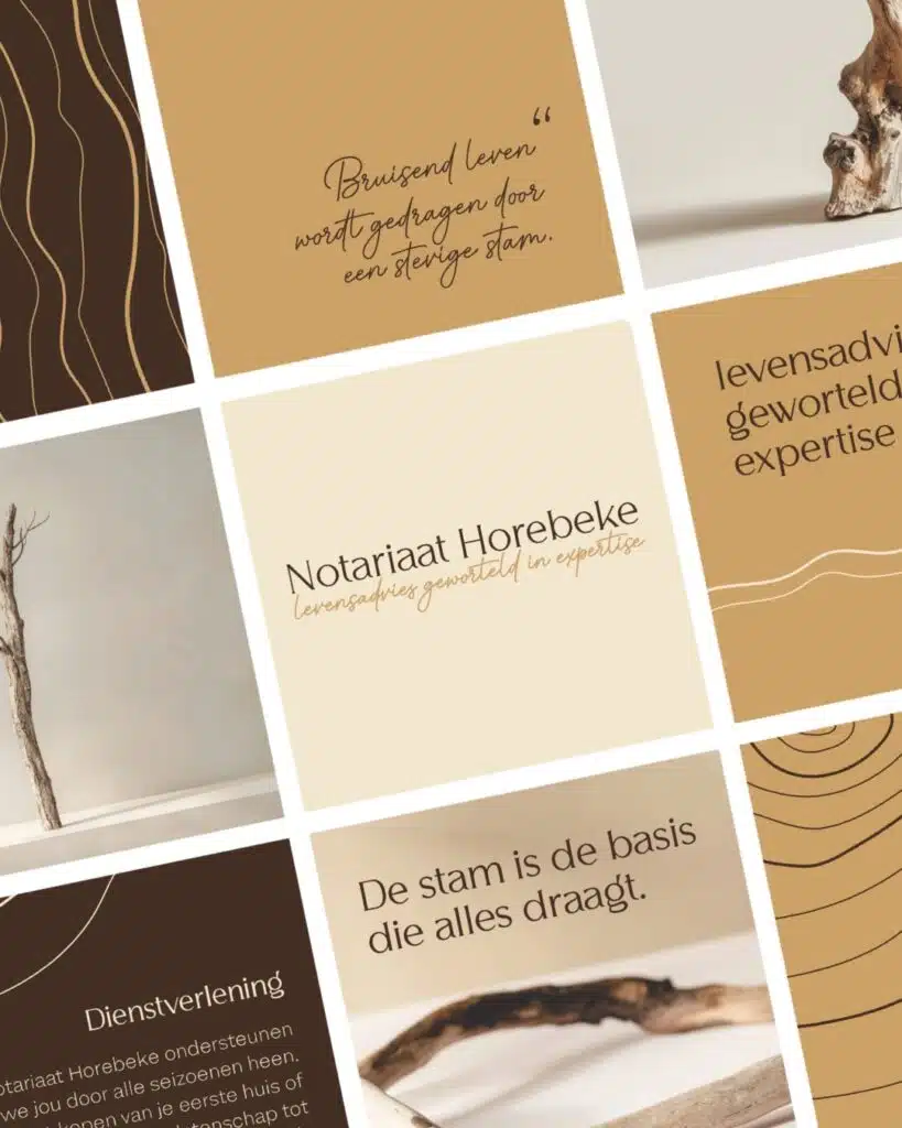 Moodboard met bruine en beige tinten voor Notariaat Horebeke branding, met Nederlandse teksten over levensadvies