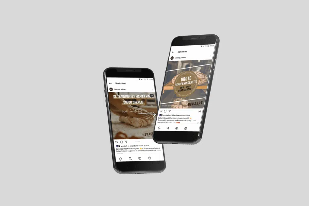 Twee smartphones waarop Instagramberichten van bakkerij Bekaert te zien zijn, met promoties zoals een heropeningsactie en de traditionele manier van brood bakken.