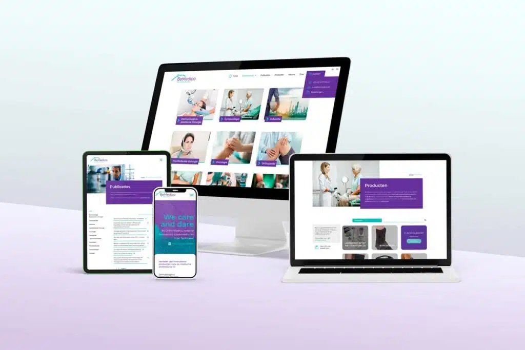 BeMedico website op verschillende apparaten: Weergave van de BeMedico website op diverse apparaten zoals laptop, tablet, en smartphone, met paarse en groene accenten en verschillende categorieën zorgproducten en publicaties.