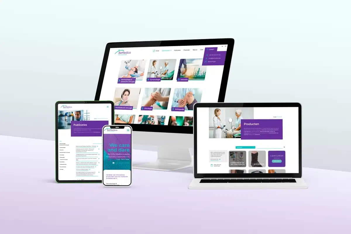 BeMedico website op verschillende apparaten: Weergave van de BeMedico website op diverse apparaten zoals laptop, tablet, en smartphone, met paarse en groene accenten en verschillende categorieën zorgproducten en publicaties.