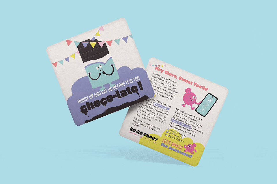 Bedankingskaartje voor Go Go Candy met speelse snoepmannetjes, kleurrijke illustraties en de tekst 'Hurry up and eat us befor