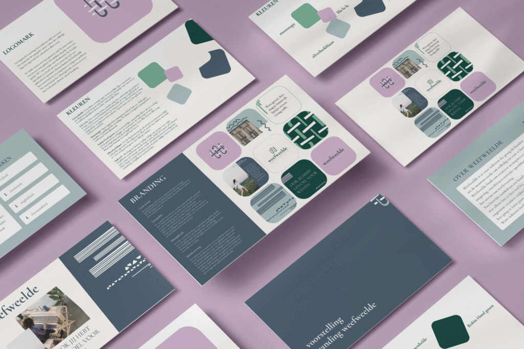 Mockup van verschillende onderdelen van de branding en huisstijl van Weefweelde, ontwikkeld door Graviteit. Inclusief kleurenpalet, logomark en toepassingen.