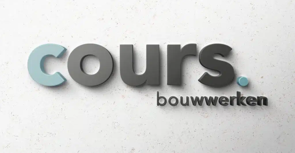 Logo van Cours Bouwwerken - 3D-stijl logo met de bedrijfsnaam "cours." in grote letters en "bouwwerken" in kleinere letters daaronder, met een blauwe stip aan het eind van "cours.".
