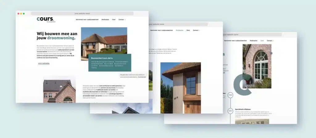 Screenshots van de website van bouwbedrijf Cours, met informatie over bouwprojecten en realisaties.