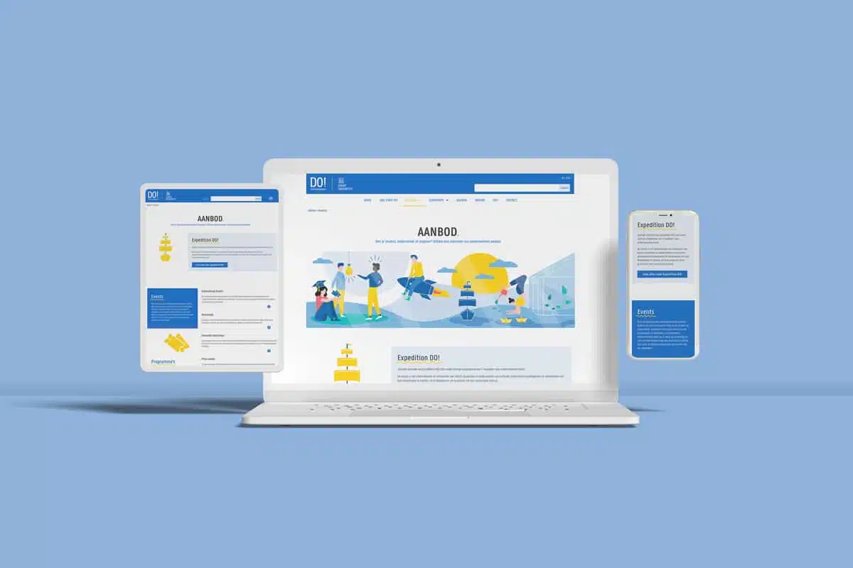 Expeditie DO! Website UGent Design Mockup: Een mockup van een websiteontwerp voor Expeditie DO!, weergegeven op verschillende apparaten zoals laptop, tablet en smartphone, met een frisse en uitnodigende look in blauwe en gele tinten.