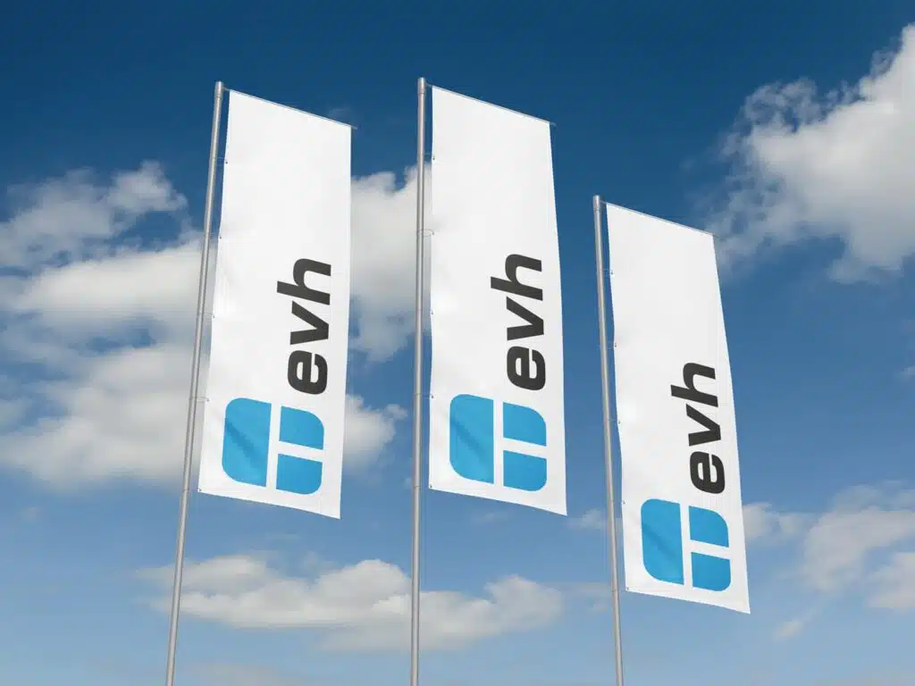 Drie hoge vlaggen met EVH-logo tegen een blauwe hemel, ontworpen door Graviteit.