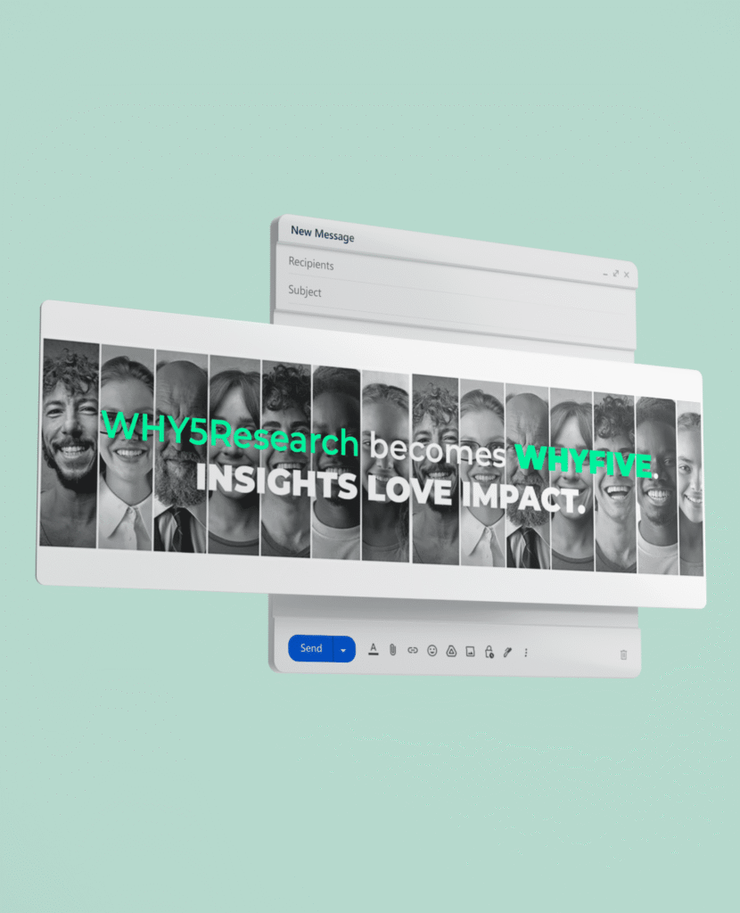 Collage van divers personeel van WHY5Research, nu WHYFIVE, met de woorden 'INSIGHTS LOVE IMPACT' prominent weergegeven op een computeremailinterface.