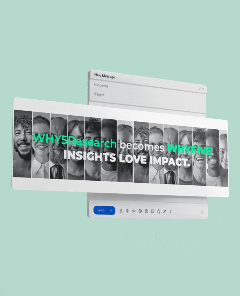 Collage van divers personeel van WHY5Research, nu WHYFIVE, met de woorden 'INSIGHTS LOVE IMPACT' prominent weergegeven op een computeremailinterface.