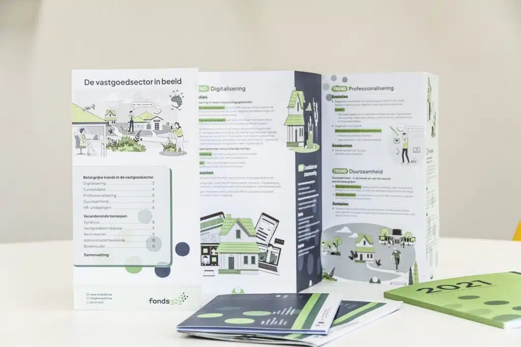Opengevouwen brochure van Fonds 323 met de titel 'De vastgoedsector in beeld'. De inhoud toont illustraties en tekst over trends in de vastgoedsector, waaronder digitalisering en duurzaamheid.
