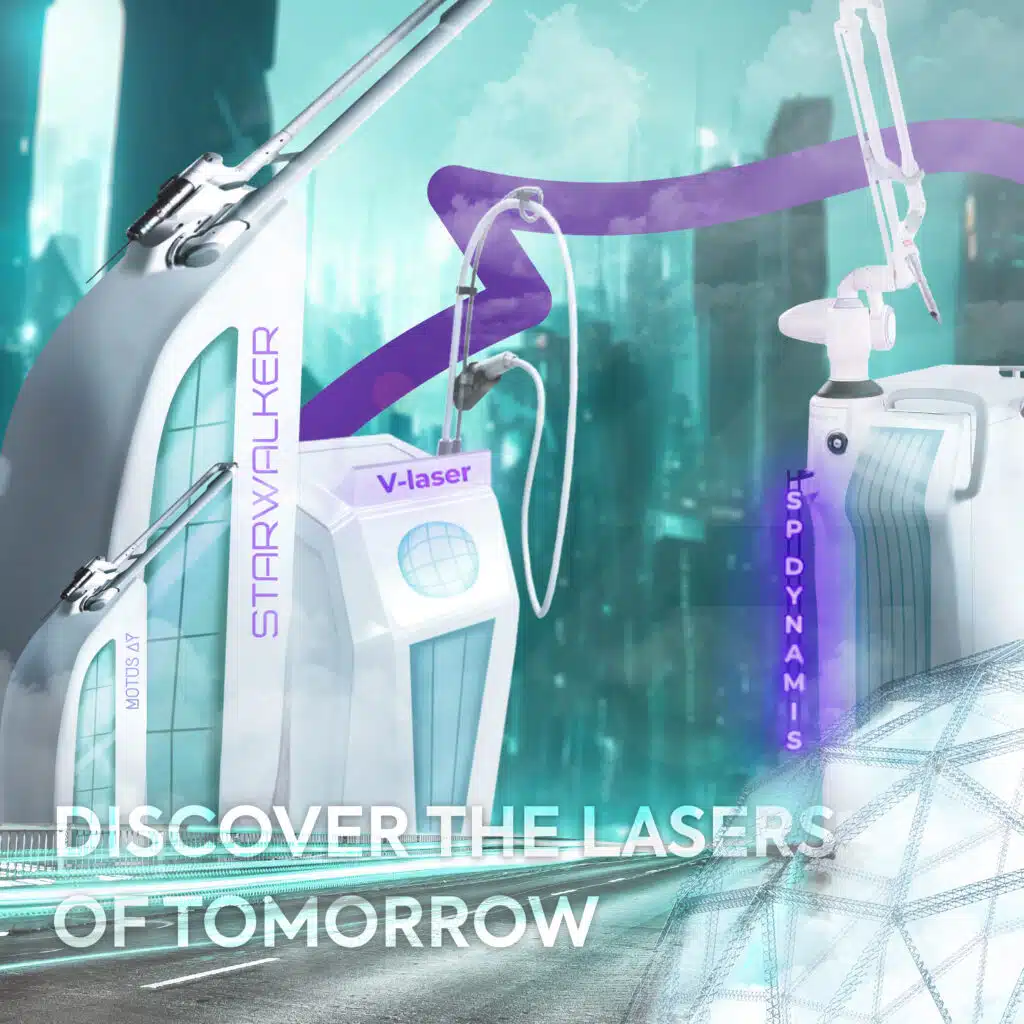 Een vergelijkbare promotionele afbeelding van BeMedico met dezelfde medische laserapparaten en dezelfde tekst "DISCOVER THE LASERS OF TOMORROW" onderaan.