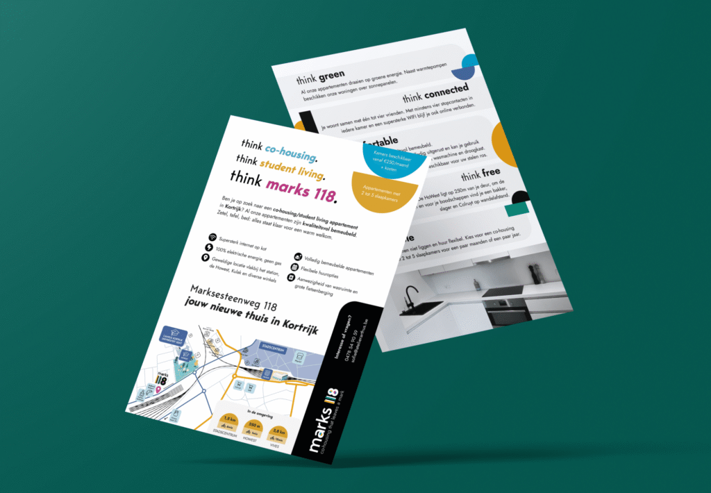 Mockup van de Marks118 flyer met co-housing informatie, locatiekaart en branding voor studentenappartementen aan Marksesteenw