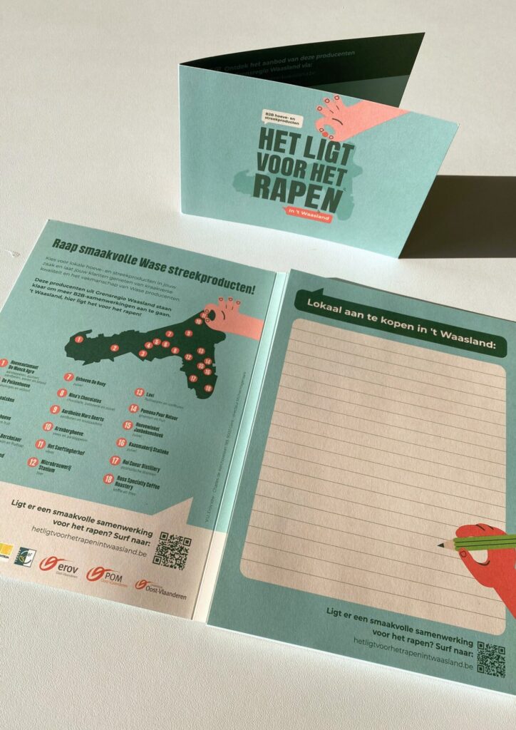 Campagnekaart ‘Het ligt voor het rapen’ voor Erov – Een opengevouwen campagnekaart met de slogan ‘Het ligt voor het rapen’, ontworpen door Graviteit voor Erov.