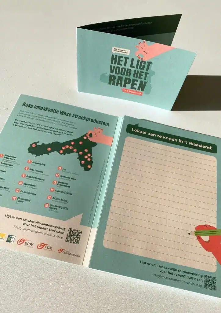 Campagnekaart ‘Het ligt voor het rapen’ voor Erov – Een opengevouwen campagnekaart met de slogan ‘Het ligt voor het rapen’, ontworpen door Graviteit voor Erov.