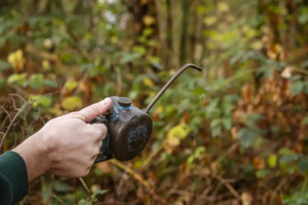 Hand houdt een verroeste, oude oliespuit vast in een bos - symbolisch voor het regelmatig onderhoud van je website door Gravi