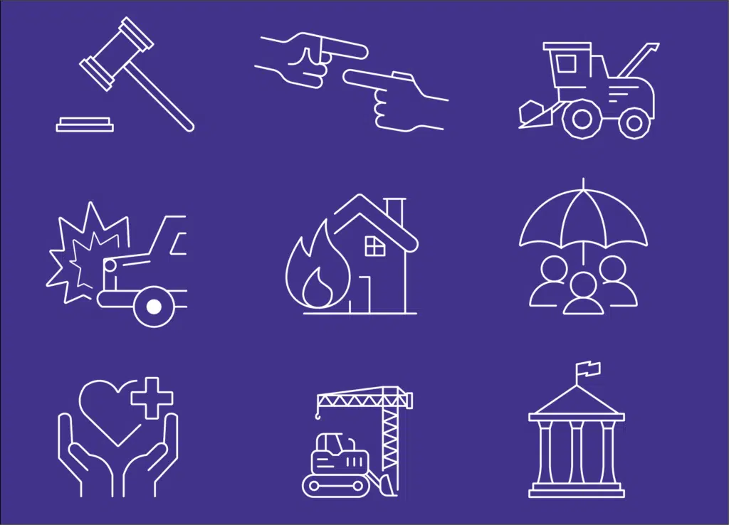 Een raster van verzekeringsgerelateerde iconen op een paarse achtergrond, inclusief een hamer, wijzende vingers, tractor, botsende auto's, brandend huis, paraplu met mensen, zorgende handen, kraan en een overheidsgebouw. De Boever Verzekeringen