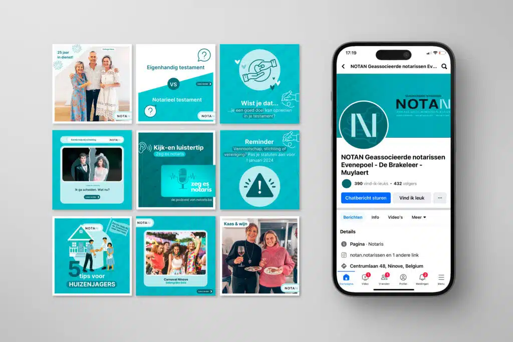 Notan informatieve social media feed mockup Instagram blauwgroene tinten