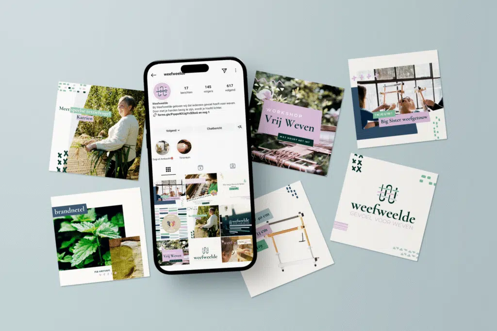 Voorbeeld van een Instagram-feed en visuals voor Weefweelde, ontworpen door Graviteit, met brandingelementen en socialmediaposts.