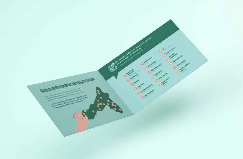 Infobrochure ‘Het ligt voor het rapen’ – Erov – Opengevouwen campagnefolder met een kaart van producenten in het Waasland, ontworpen voor Erov.