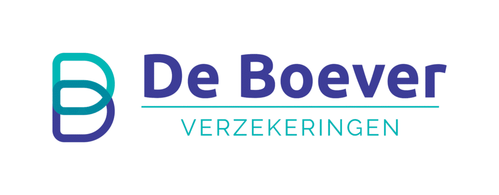 Logo van De Boever Verzekeringen met de naam in paarse letters en een turquoise lijn eronder, vergezeld door het gestileerde 'B' symbool.