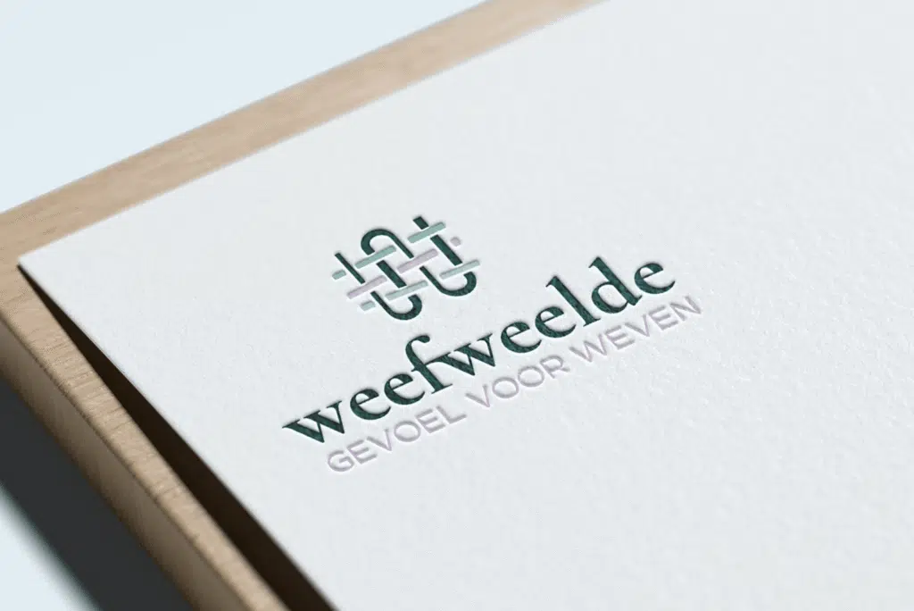 Mockup van het logo voor Weefweelde, met het thema 'gevoel voor weven'. Branding verzorgd door Graviteit.