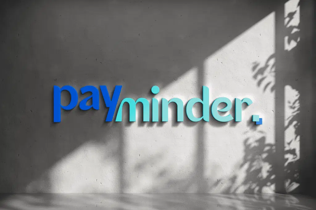 Payminder logo in blauw en turquoise tinten op een betonnen muur — branding ontwikkeld door Graviteit voor het online innings