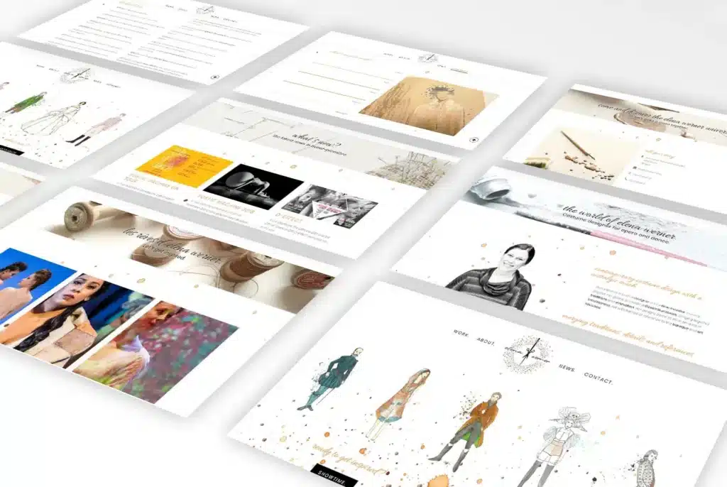 Mockup van de website van Elena Werner – kostuumontwerper voor opera en dans – met artistieke illustraties en warme huisstijl