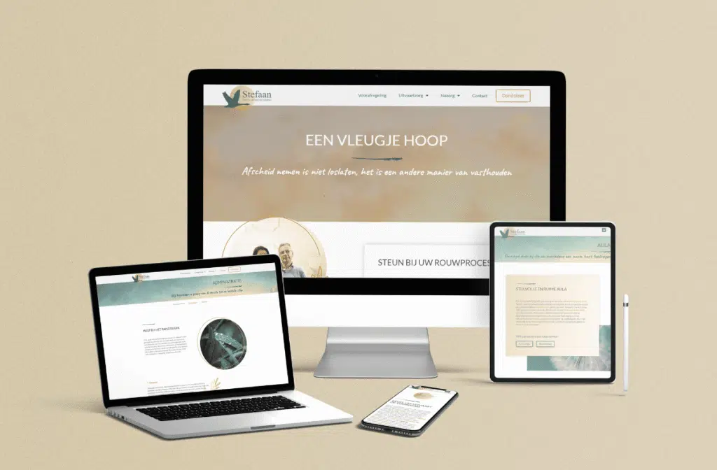 Een afbeelding van een website voor Uitvaartbegeleiding Stefaan, weergegeven op verschillende apparaten, waaronder een desktop, laptop, tablet en smartphone. De website heeft de titel 'Stefaan Uitvaartonderneming' en de hoofdbanner toont de tekst 'EEN VLEUGJE HOOP'. Er zijn menu-opties voor Voorafregeling, Uitvaartzorg, Nazorg en Contact. De slogan onder de titel luidt: 'Afscheid nemen is niet loslaten, het is een andere manier van vasthouden.' De website lijkt een warme en ondersteunende uitstraling te hebben, bedoeld om steun te bieden bij het rouwproces.