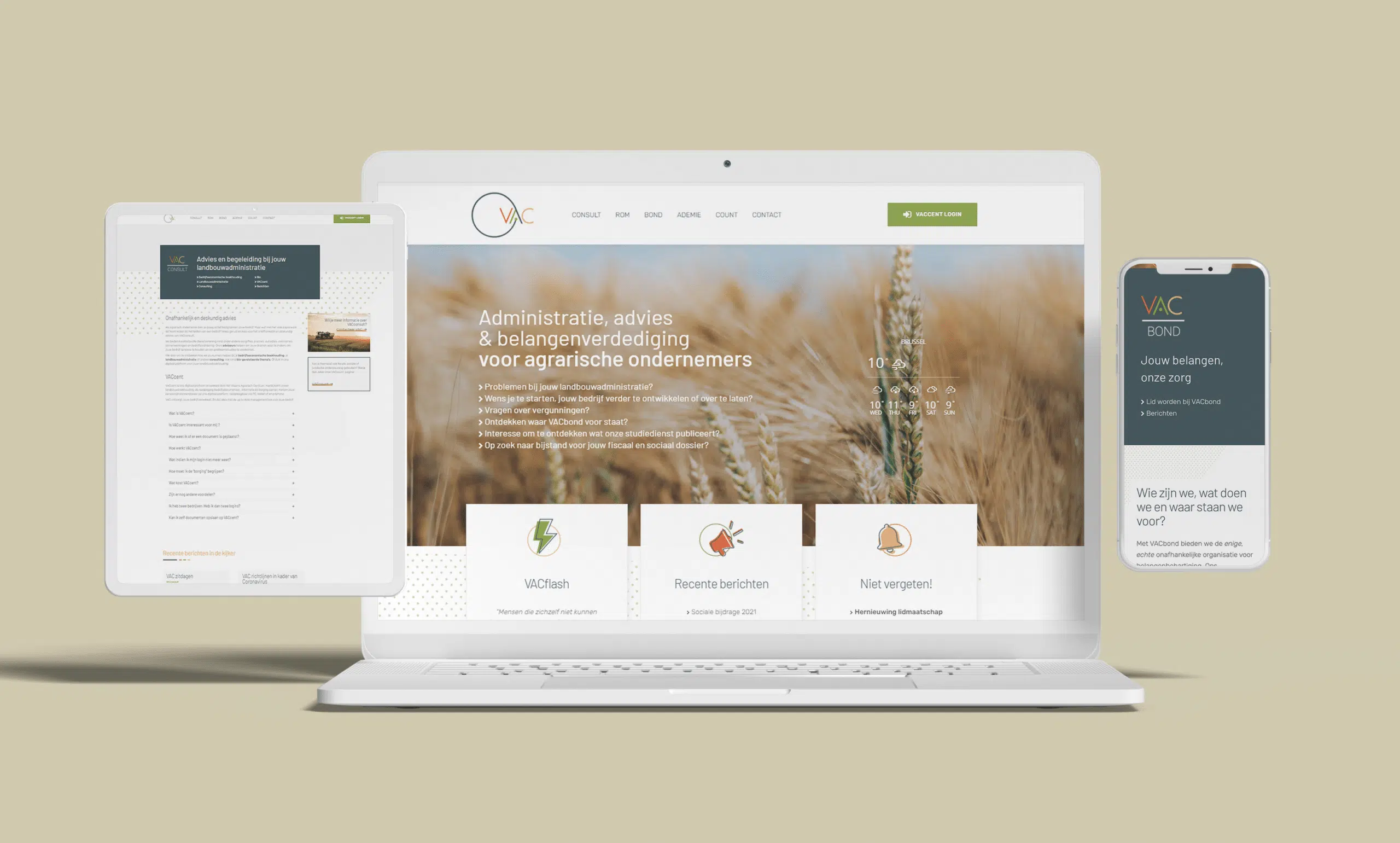 VAC website weergegeven op een laptop, een tablet, en een mobiele telefoon, met op de achtergrond graanvelden.