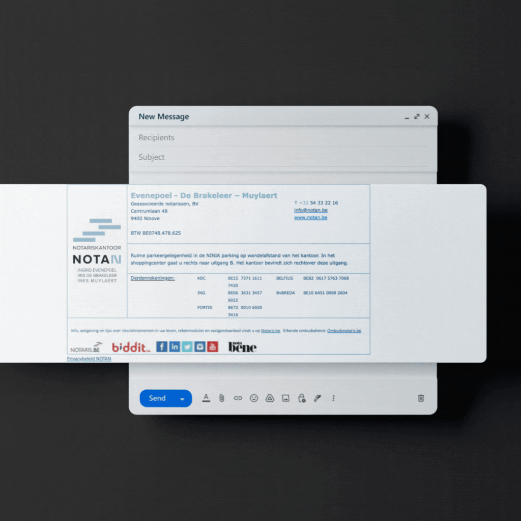 Een e-mail handtekening met contactinformatie van een notaris, inclusief bedrijfslogo en sociale media iconen.