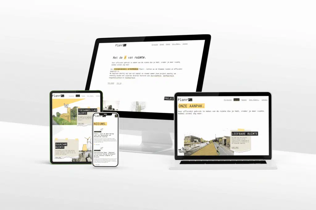 Een verzameling elektronische apparaten (laptop, tablet, smartphone) waarop de website van Planrr wordt getoond. De website is gericht op het efficiënte gebruik van ruimte en duurzaamheid. Elk apparaat toont een andere sectie van de website, zoals "Onze Aanpak," "Toegankelijke Ruimte," en "Nieuws."