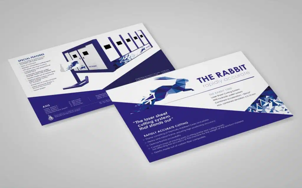 Balliu Twee folders voor "The Rabbit" lasersnijmachine, met een geometrische haas en productinformatie over de speciale functies van de machine.