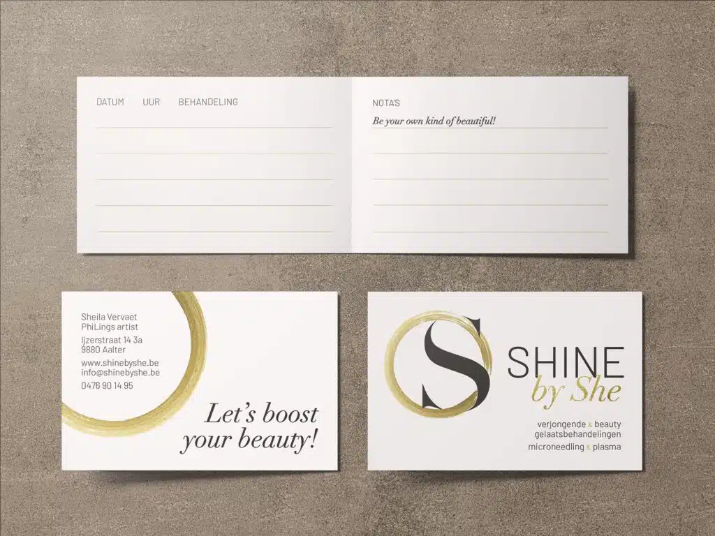Portfolio Shine by She visitekaartjes branding naamkaartjes Aalter Schoonheidsbehandeling Microneedling