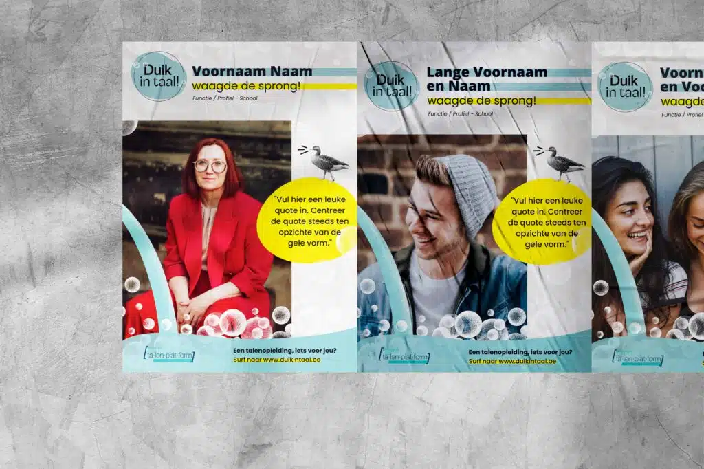 Drie posters naast elkaar met verschillende personen en citaten, onderdeel van de campagne 'Duik in taal'.