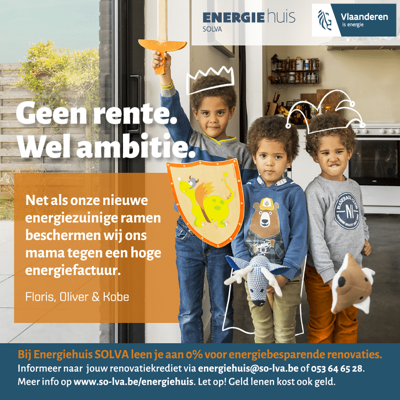 Energiehuis Familieposter voor Solva: Een poster met drie kinderen verkleed als ridder en koningin, trots poserend met speelse tekeningen om hen heen. Het moedigt energiebesparende renovaties aan, gepresenteerd op een toegankelijke, gezinsvriendelijke manier.